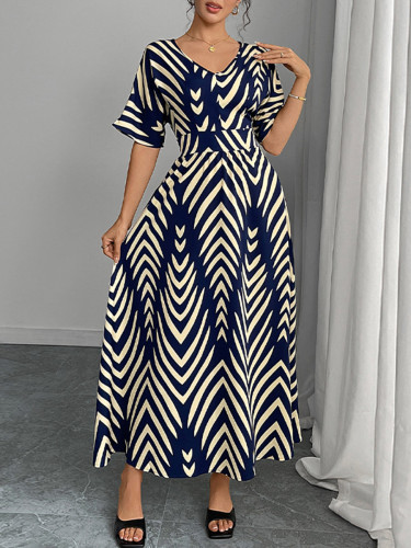 Split-Joint Printed Geometric Contrast Color Short Sleeves Loose V-Neck Maxi Dresses
