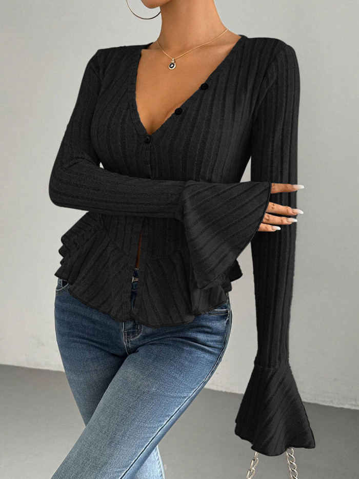 Split-Joint Solid Color Ruffled Buttoned Long Sleeves Flared Sleeves Deep V-Neck T-Shirts Tops