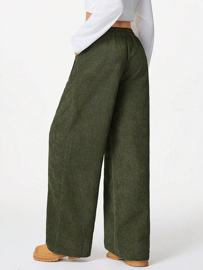 Solid Color Pockets Elasticity Drawstring Wide Leg High Waisted Trousers Pants