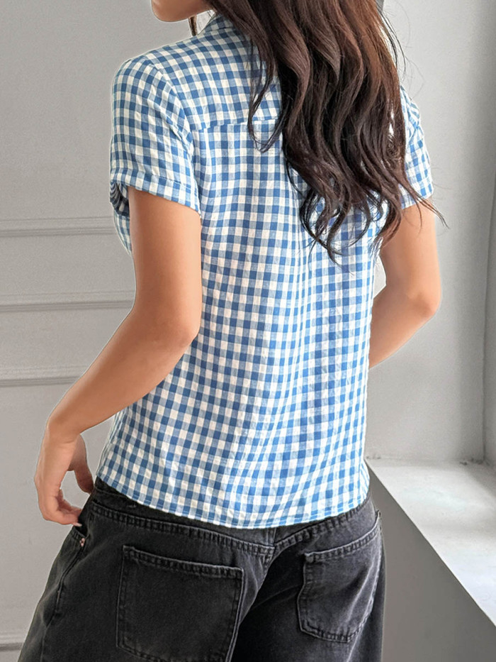 Split-Joint Plaid Contrast Color Buttoned Skinny Short Sleeves Lapel Blouses&Shirts Tops