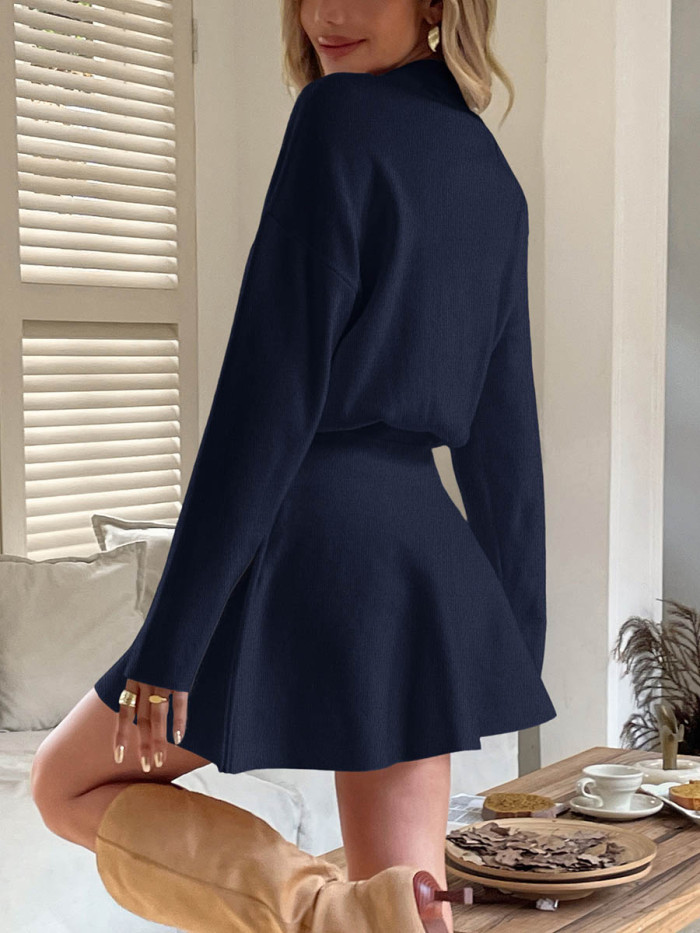 Solid Color Elasticity Long Sleeves High Waisted Round-neck Sweater Dresses Mini Dresses