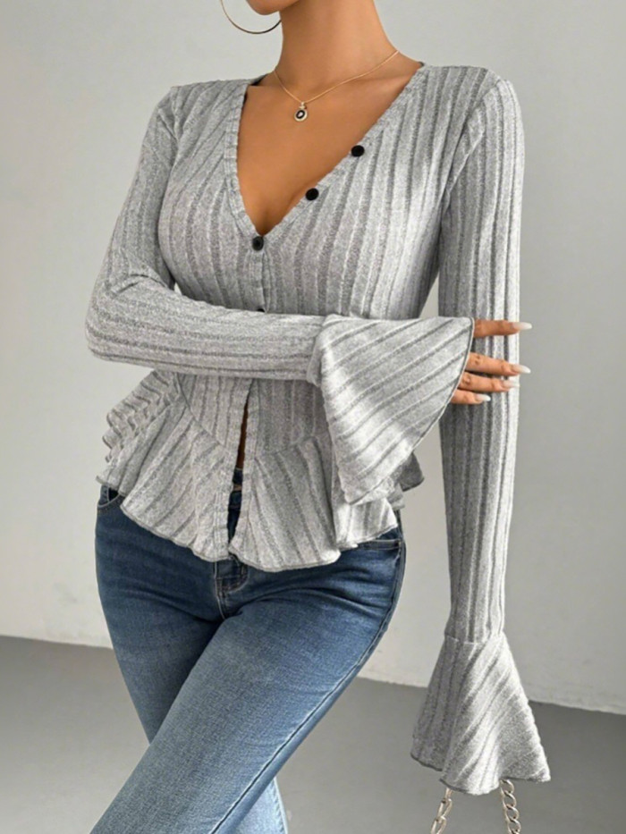 Split-Joint Solid Color Ruffled Buttoned Long Sleeves Flared Sleeves Deep V-Neck T-Shirts Tops