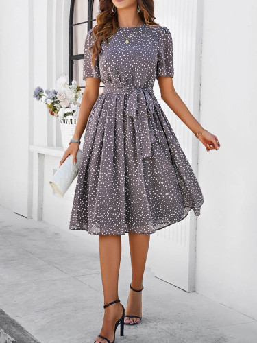 Tied Waist Split-Joint Polka Dot Contrast Color Short Sleeves High Waisted Round-Neck Midi Dresses