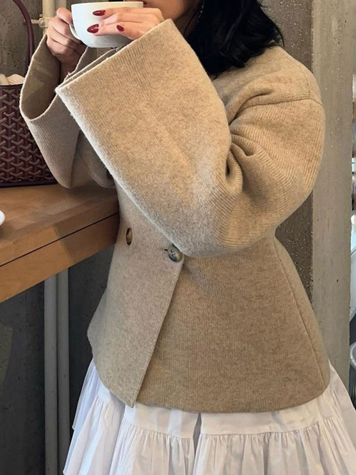 Solid Color Buttoned Long Sleeves V-neck Cardigan Tops