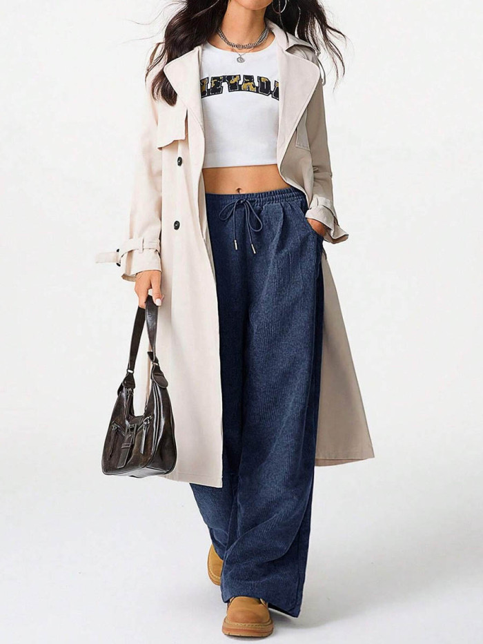 Solid Color Pockets Elasticity Drawstring Wide Leg High Waisted Trousers Pants