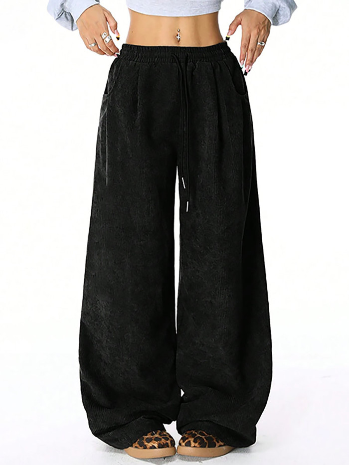 Solid Color Pockets Elasticity Drawstring Wide Leg High Waisted Trousers Pants