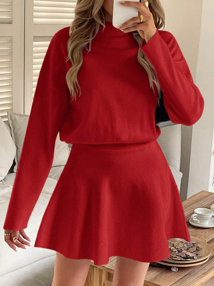 Solid Color Elasticity Long Sleeves High Waisted Round-neck Sweater Dresses Mini Dresses