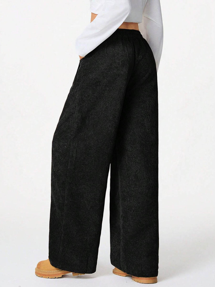 Solid Color Pockets Elasticity Drawstring Wide Leg High Waisted Trousers Pants