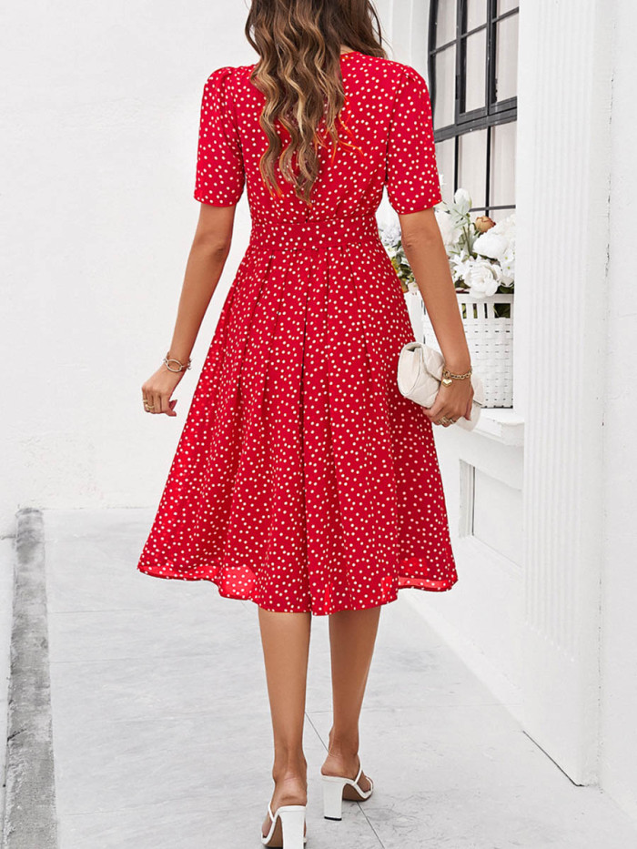 Tied Waist Split-Joint Polka Dot Contrast Color Short Sleeves High Waisted Round-Neck Midi Dresses