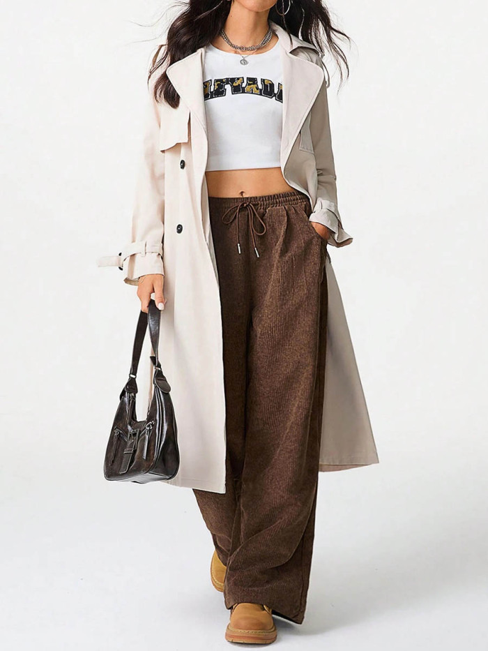 Solid Color Pockets Elasticity Drawstring Wide Leg High Waisted Trousers Pants