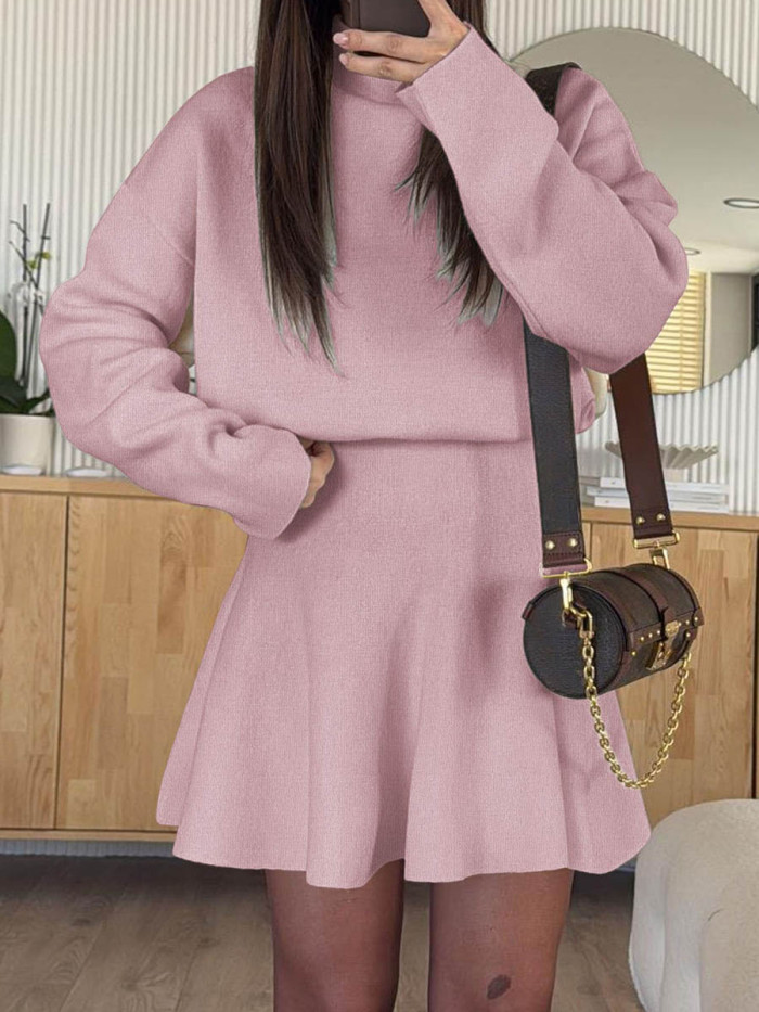 Solid Color Elasticity Long Sleeves High Waisted Round-neck Sweater Dresses Mini Dresses