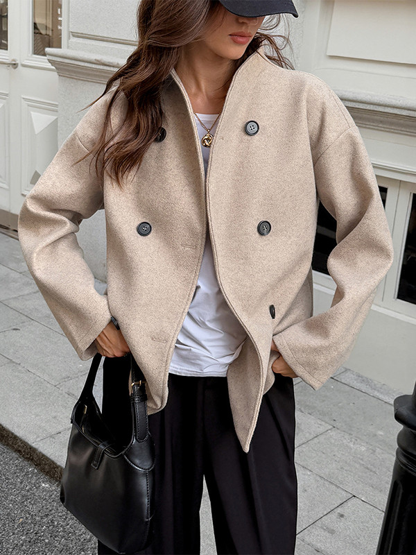 Solid Color Buttoned Long Sleeves Stand Collar Outerwear Coats&Jackets