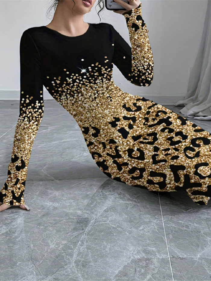 Split-Joint Shiny Leopard Contrast Color Long Sleeves Bodycon Round-Neck Midi Dresses