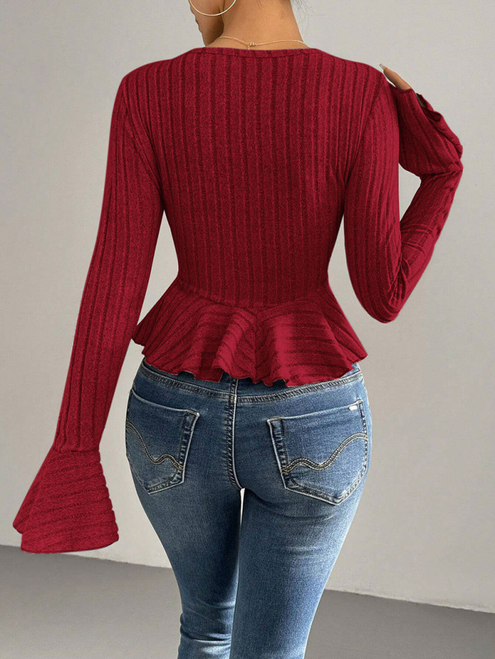 Split-Joint Solid Color Ruffled Buttoned Long Sleeves Flared Sleeves Deep V-Neck T-Shirts Tops