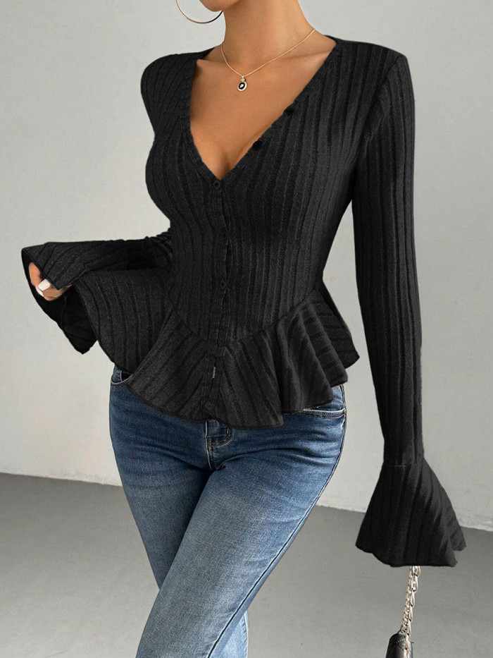 Split-Joint Solid Color Ruffled Buttoned Long Sleeves Flared Sleeves Deep V-Neck T-Shirts Tops