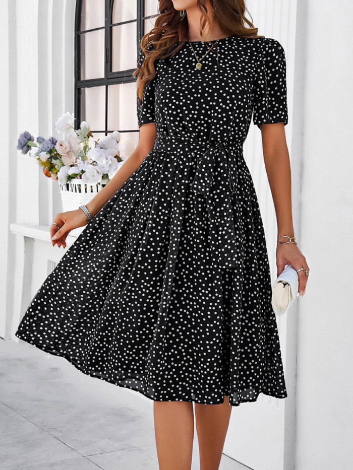 Tied Waist Split-Joint Polka Dot Contrast Color Short Sleeves High Waisted Round-Neck Midi Dresses