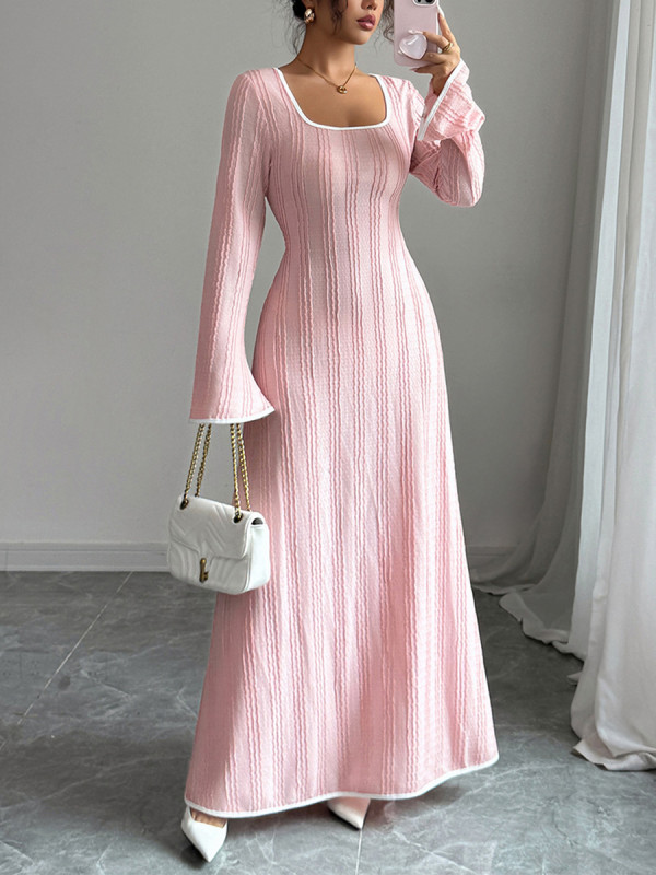Split-Joint Ribbed Knit Long Sleeves High Waisted Square-Neck Maxi Dresses