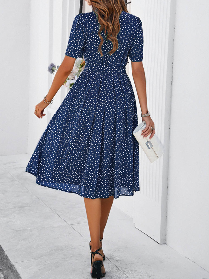 Tied Waist Split-Joint Polka Dot Contrast Color Short Sleeves High Waisted Round-Neck Midi Dresses