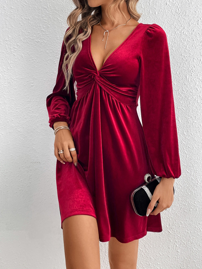 Velvet Split-Joint Solid Color Pleated Knot Puff Sleeves Long Sleeves Deep V-Neck Mini Dresses