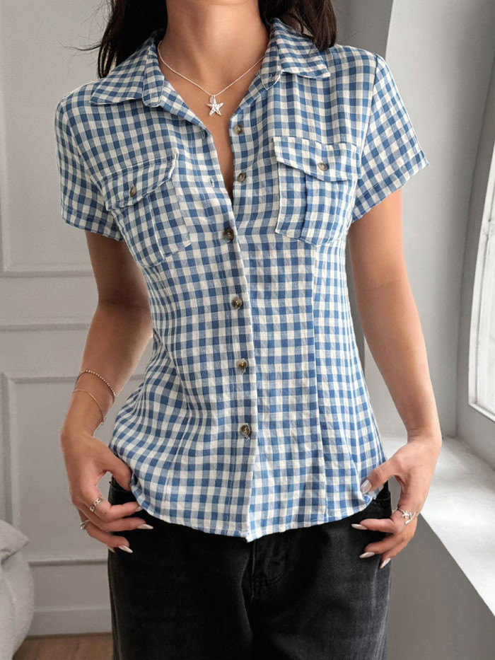Split-Joint Plaid Contrast Color Buttoned Skinny Short Sleeves Lapel Blouses&Shirts Tops