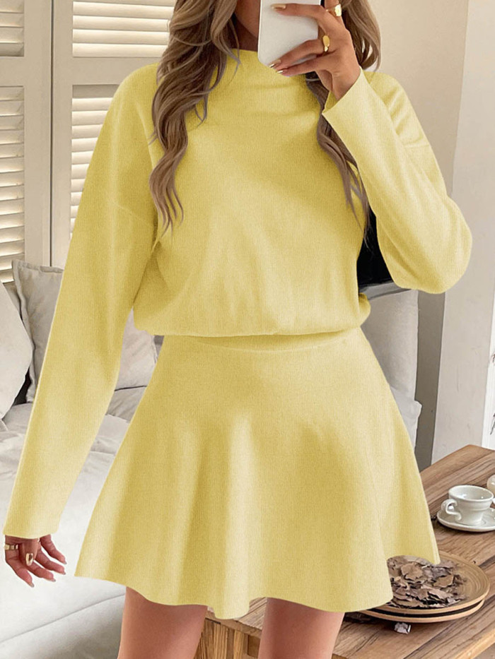 Solid Color Elasticity Long Sleeves High Waisted Round-neck Sweater Dresses Mini Dresses