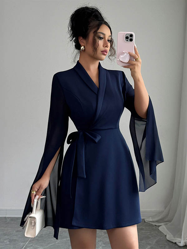 Tied Waist Split-Side Split-Joint Solid Color See-Through Interlace Long Sleeves High Waisted V-Neck Mini Dresses