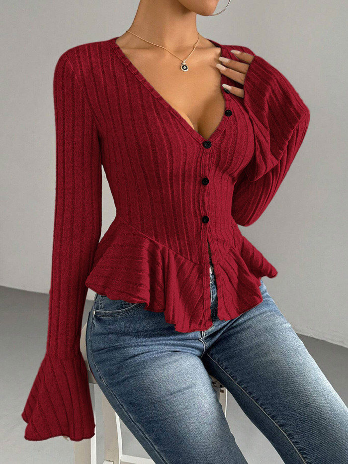 Split-Joint Solid Color Ruffled Buttoned Long Sleeves Flared Sleeves Deep V-Neck T-Shirts Tops