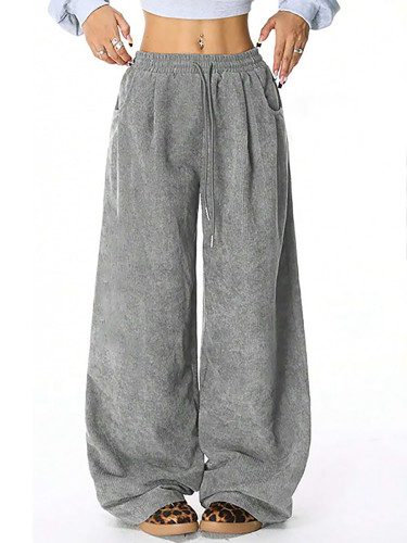 Solid Color Pockets Elasticity Drawstring Wide Leg High Waisted Trousers Pants