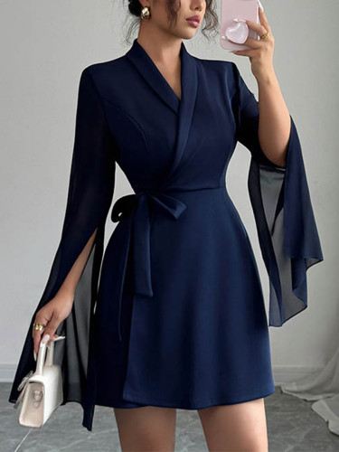 Tied Waist Split-Side Split-Joint Solid Color See-Through Interlace Long Sleeves High Waisted V-Neck Mini Dresses