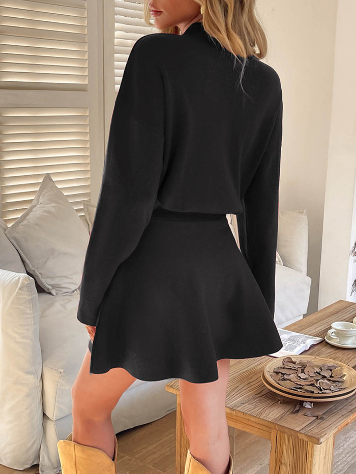 Solid Color Elasticity Long Sleeves High Waisted Round-neck Sweater Dresses Mini Dresses