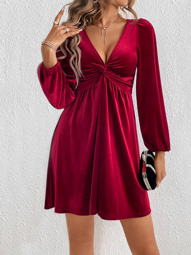 Velvet Split-Joint Solid Color Pleated Knot Puff Sleeves Long Sleeves Deep V-Neck Mini Dresses