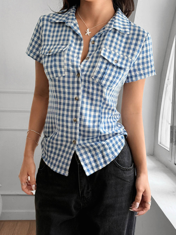 Split-Joint Plaid Contrast Color Buttoned Skinny Short Sleeves Lapel Blouses&Shirts Tops