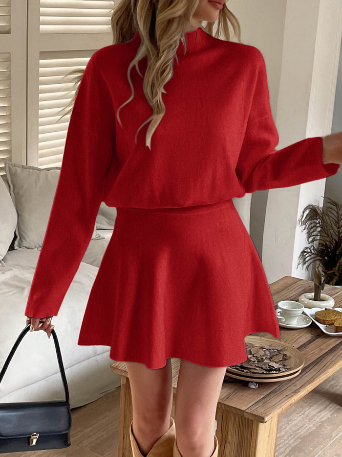 Solid Color Elasticity Long Sleeves High Waisted Round-neck Sweater Dresses Mini Dresses