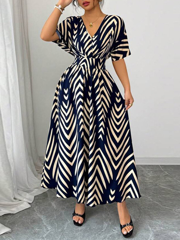 Split-Joint Printed Geometric Contrast Color Short Sleeves Loose V-Neck Maxi Dresses