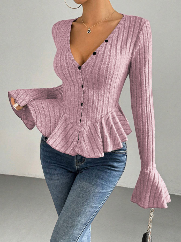 Split-Joint Solid Color Ruffled Buttoned Long Sleeves Flared Sleeves Deep V-Neck T-Shirts Tops