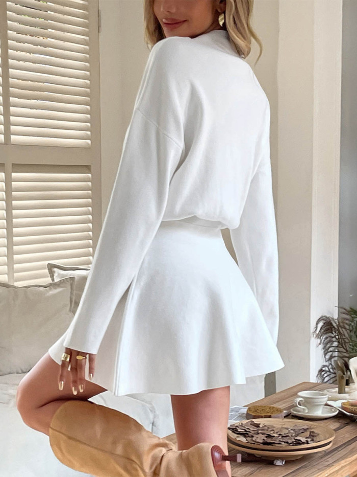 Solid Color Elasticity Long Sleeves High Waisted Round-neck Sweater Dresses Mini Dresses