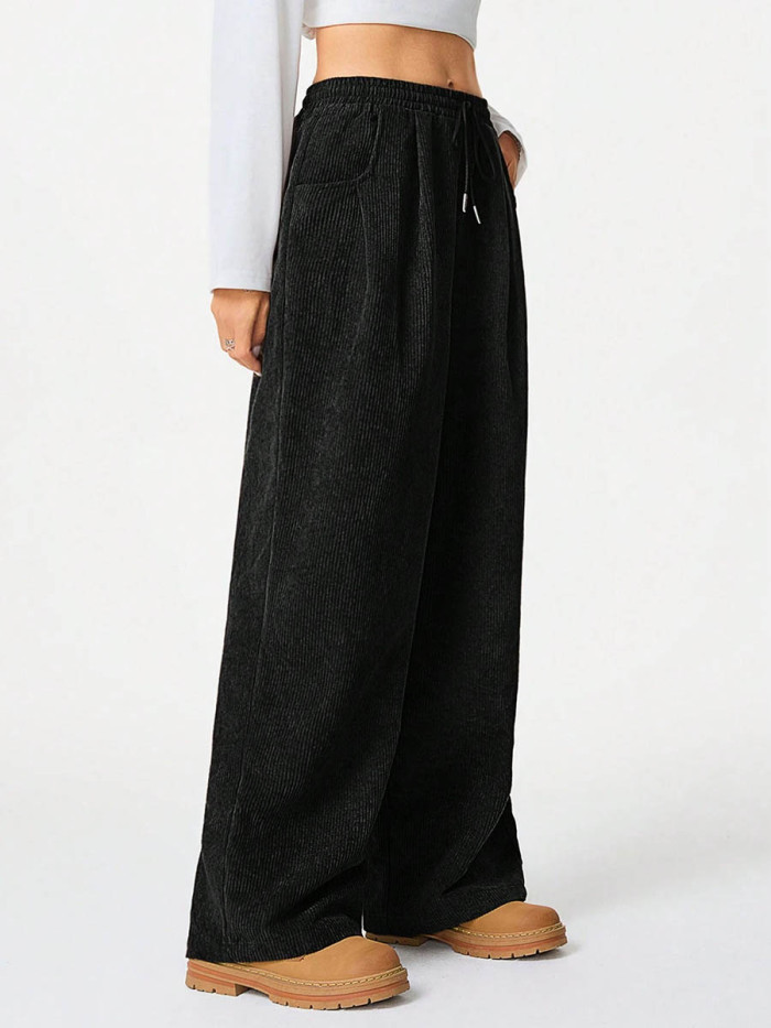Solid Color Pockets Elasticity Drawstring Wide Leg High Waisted Trousers Pants