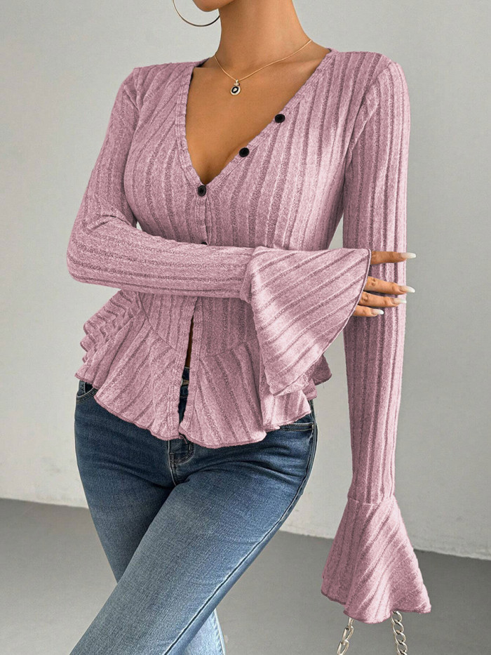 Split-Joint Solid Color Ruffled Buttoned Long Sleeves Flared Sleeves Deep V-Neck T-Shirts Tops