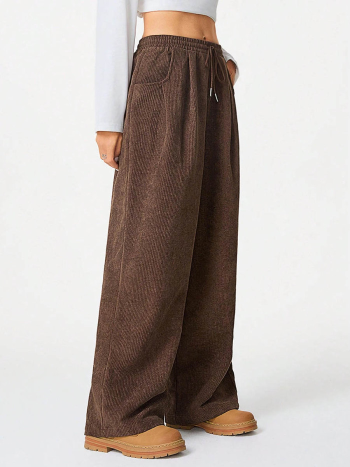 Solid Color Pockets Elasticity Drawstring Wide Leg High Waisted Trousers Pants