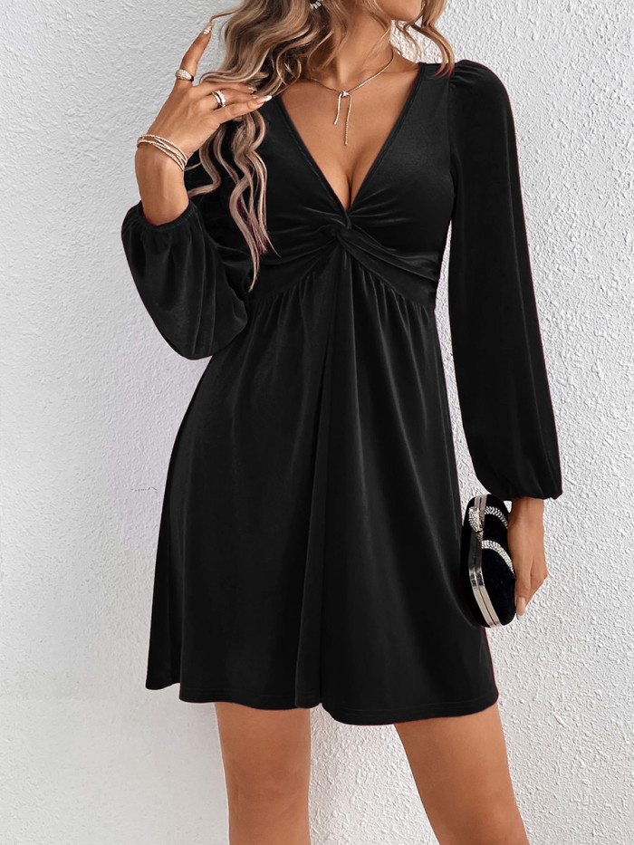Velvet Split-Joint Solid Color Pleated Knot Puff Sleeves Long Sleeves Deep V-Neck Mini Dresses
