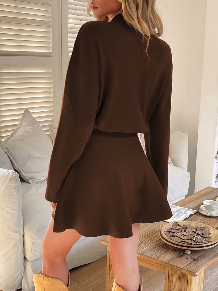 Solid Color Elasticity Long Sleeves High Waisted Round-neck Sweater Dresses Mini Dresses