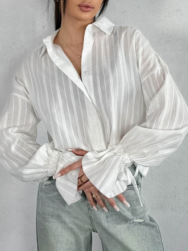Striped Split-Joint Solid Color Buttoned Puff Sleeves Loose Lapel Blouses&Shirts Tops