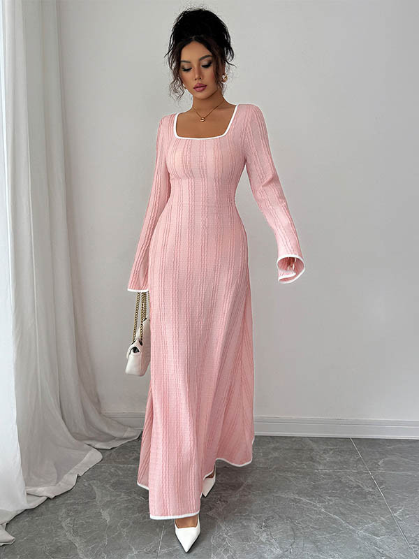 Split-Joint Ribbed Knit Long Sleeves High Waisted Square-Neck Maxi Dresses