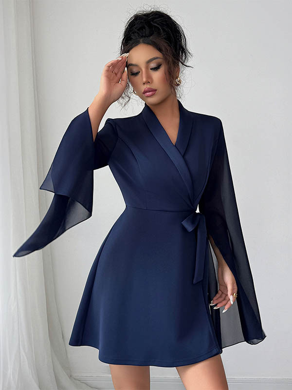 Tied Waist Split-Side Split-Joint Solid Color See-Through Interlace Long Sleeves High Waisted V-Neck Mini Dresses