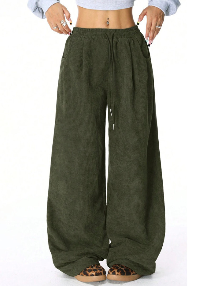 Solid Color Pockets Elasticity Drawstring Wide Leg High Waisted Trousers Pants