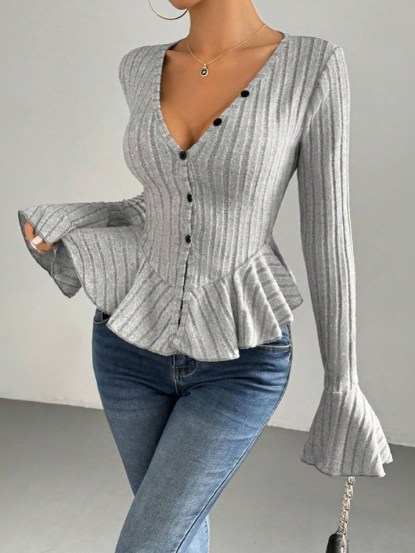 Split-Joint Solid Color Ruffled Buttoned Long Sleeves Flared Sleeves Deep V-Neck T-Shirts Tops