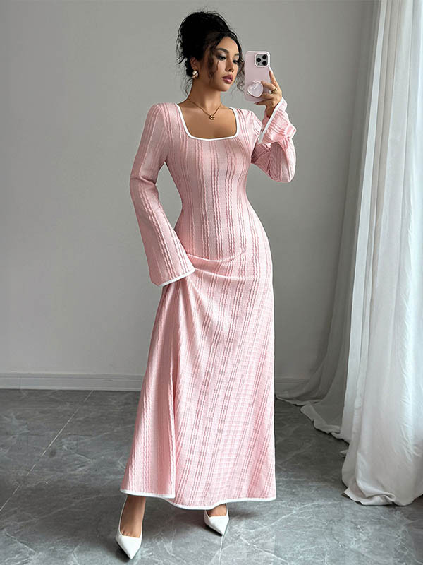 Split-Joint Ribbed Knit Long Sleeves High Waisted Square-Neck Maxi Dresses