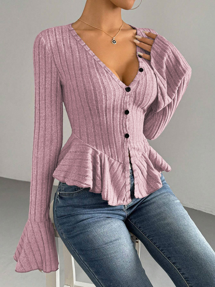 Split-Joint Solid Color Ruffled Buttoned Long Sleeves Flared Sleeves Deep V-Neck T-Shirts Tops