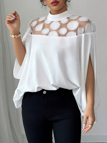 Split-Joint Solid Color See-Through Pleated Geometric Sleeveless Loose Half Turtleneck Blouses&Shirts Tops