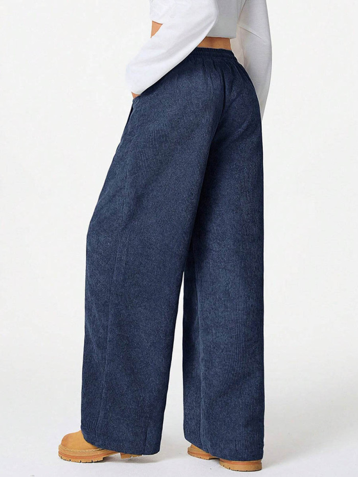 Solid Color Pockets Elasticity Drawstring Wide Leg High Waisted Trousers Pants